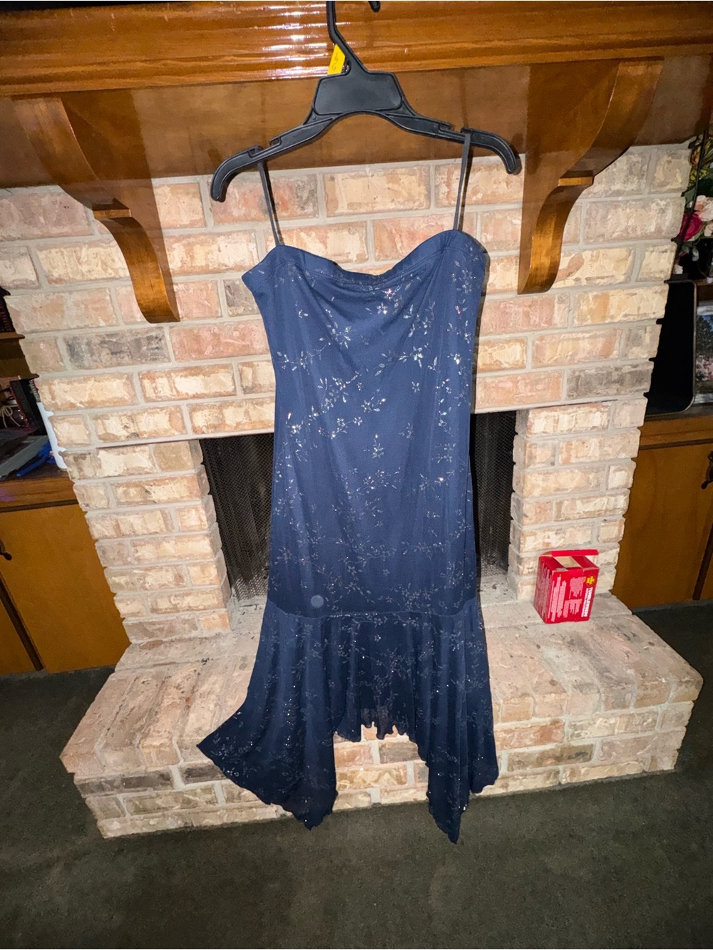 Taboo Navy Strapless Floral Handkerchief-Hem Dress